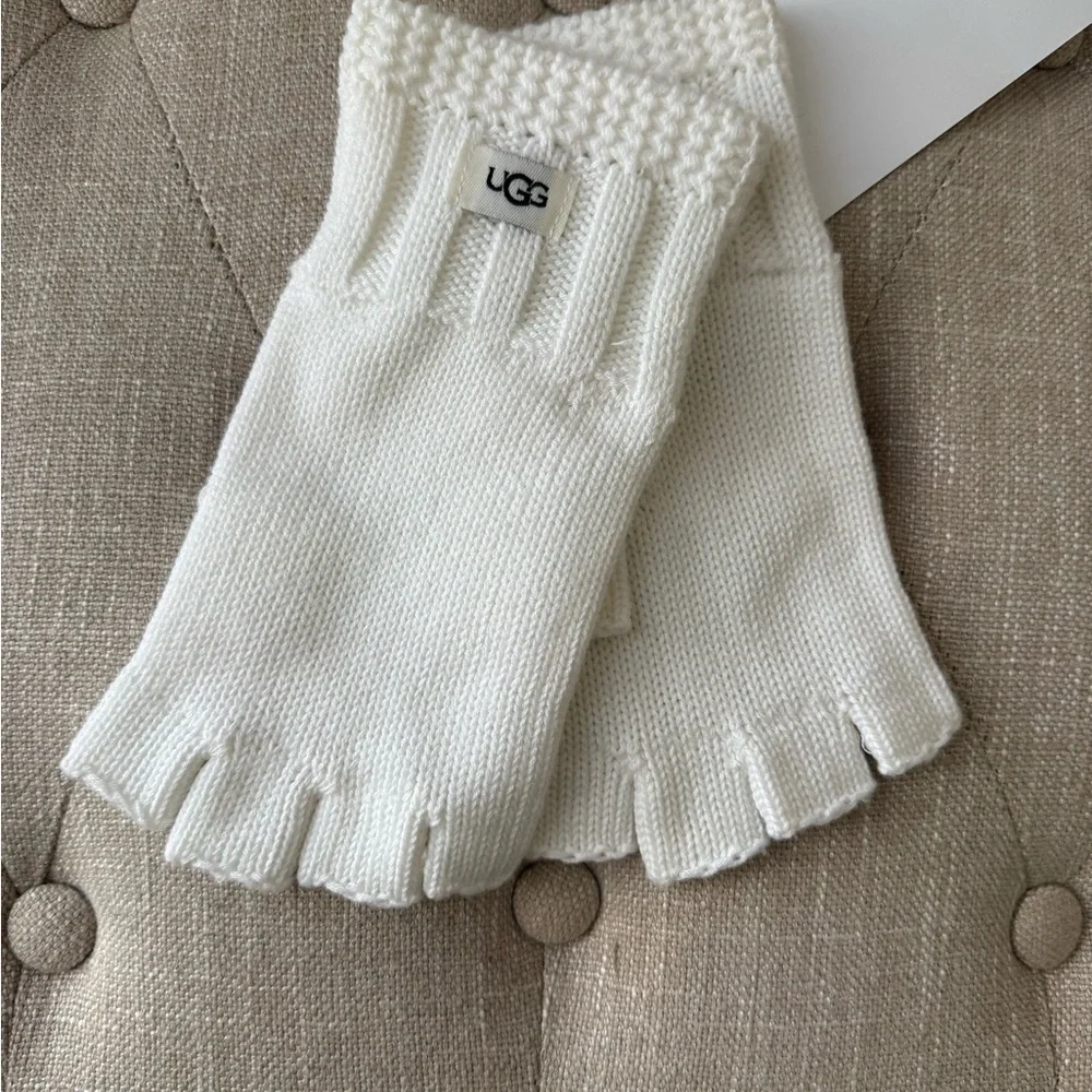 UGG Women's Fingerless Knit Gloves Ivory Ribbed Cozy | One Size